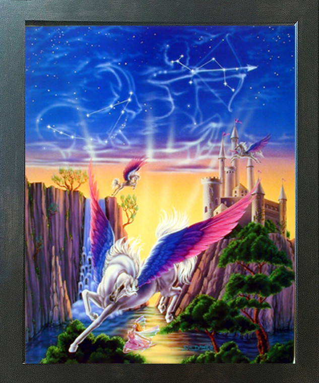 Mythical Pegasus horse Castle Sue Dawe Fantasy Kids Room Wall Decor Espresso Framed Art Print (20x24)