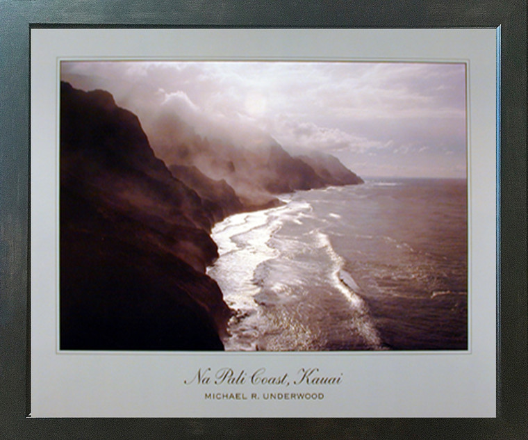 Hawaii Ocean Beach Na Pali Coast Kauai Mountain Cloud Landscape Wall Decor Espresso Framed Picture Art Print (20x24)
