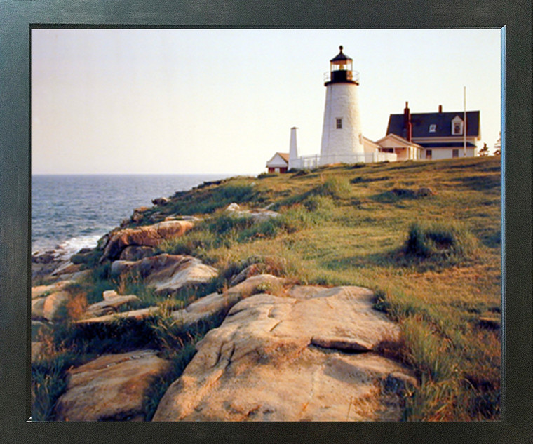 Pemaquid Lighthouse Ocean Cliff Nautical Picture Wall Decor Espresso Framed Art Print (20x24)