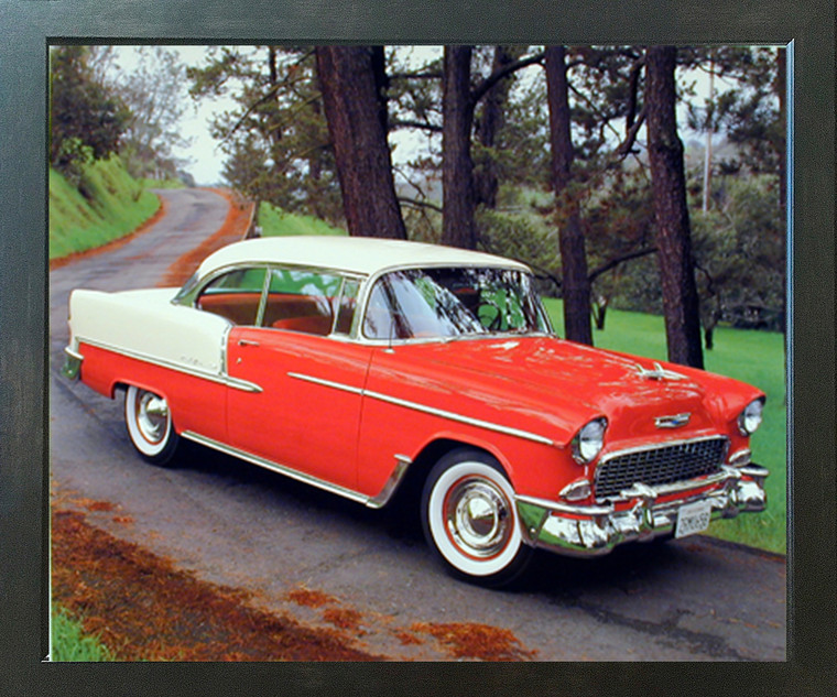 1955 Chevy Bel Air Hard Top Classic Red Vintage Car Espresso Framed Picture Art Print (20x24)