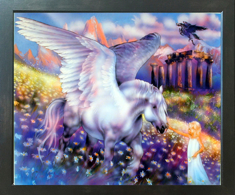 Mythical Pegasus & Girl  Fantasy Fine Espresso Framed Picture Art Print (20x24)