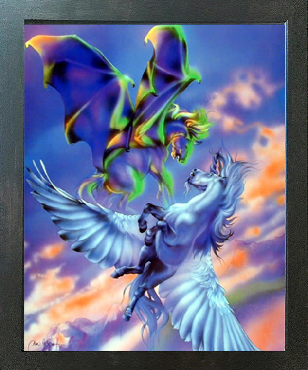 Mythical Pegasus Fighting Flying Horse Espresso Framed Picture Art Print (20x24)