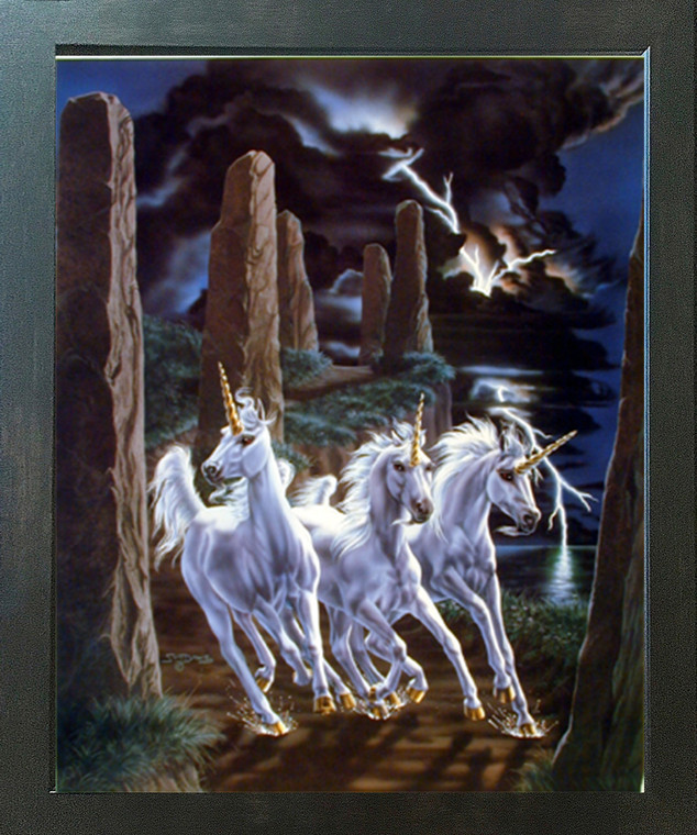 Mythical Unicorn Horses Approaching Thunder Sue Dawe Espresso Framed Picture Art Print (20x24)