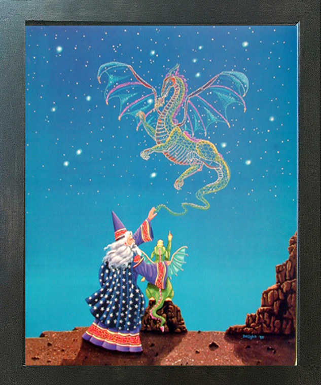 Magical Wizard Dragon Mythical Fantasy Kids Room Espresso Framed Picture Art Print (20x24)