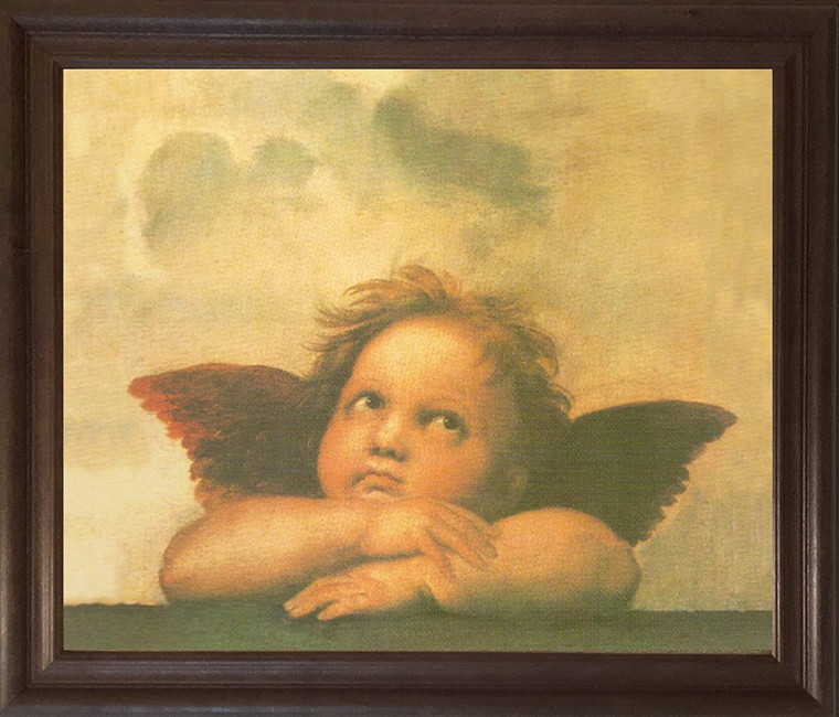 Raphael Right Cherub Little Angel Of Sistine Madonna Wall Decor  Brown Rust Framed Art Print Poster  (19x23)