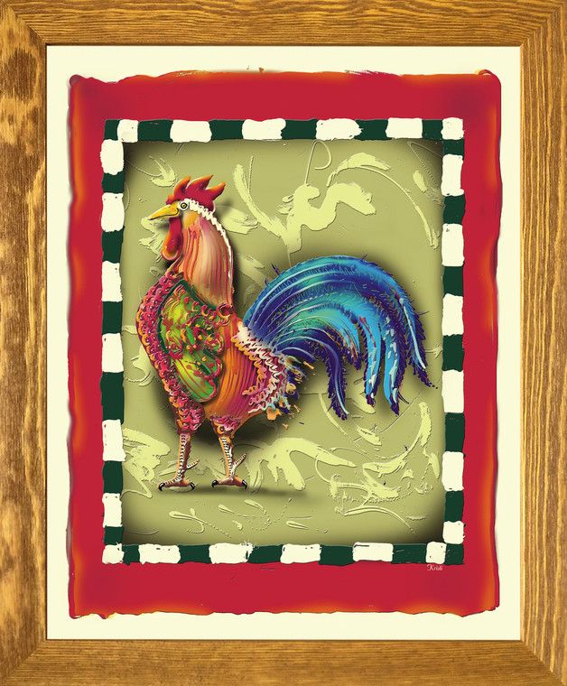 Colorful Chicken Rooster 2 Still Life Animal Wall Decor Brown Rust Framed Art Print Poster (19x23)