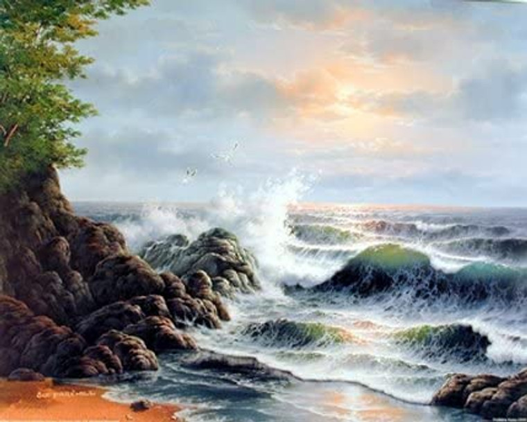 Ocean Waves Crashing on Rocks at Sunset Scenic Picture Wall Decor Art Print (8x10)