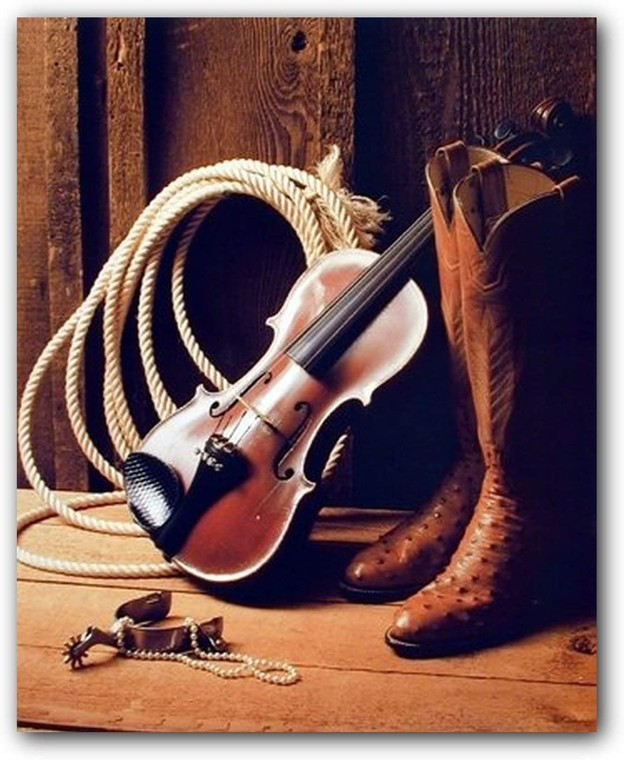 Western Cowboy Boots with Violin Fiddle Spur Rope Rodeo Wall Decor Picture Art Print (16x20)