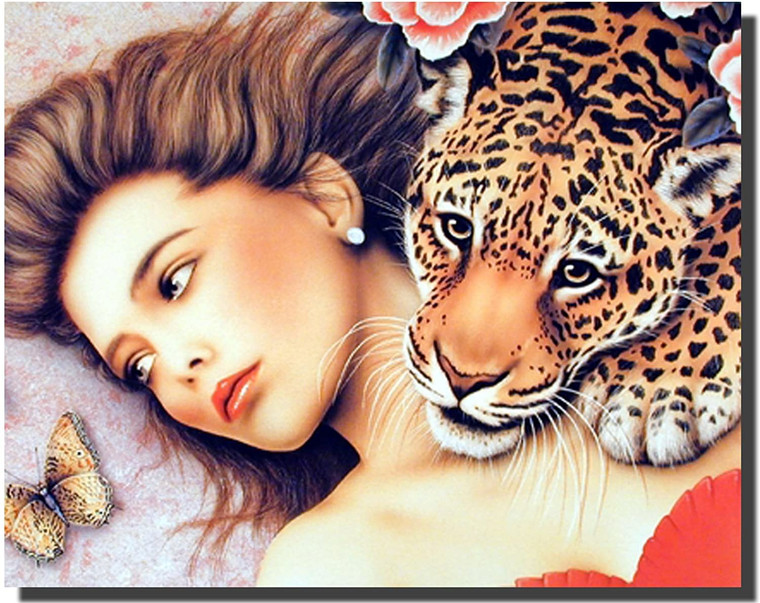Lady with Leopard Jungle Love Fine Wall Decor Picture Art Print Poster (16x20)