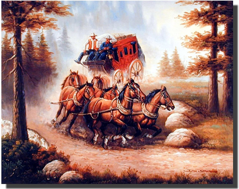 Western Wall Decor Cowboy with Old Red Stagecoach and Running Horses Art Print Poster (16x20)