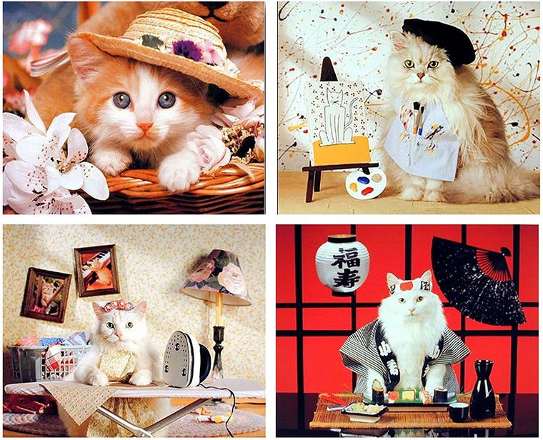 Funny Cat Wall Decor Cute Animal Kids Room 16x20 Four Set Kitten Painting Art Print Poster