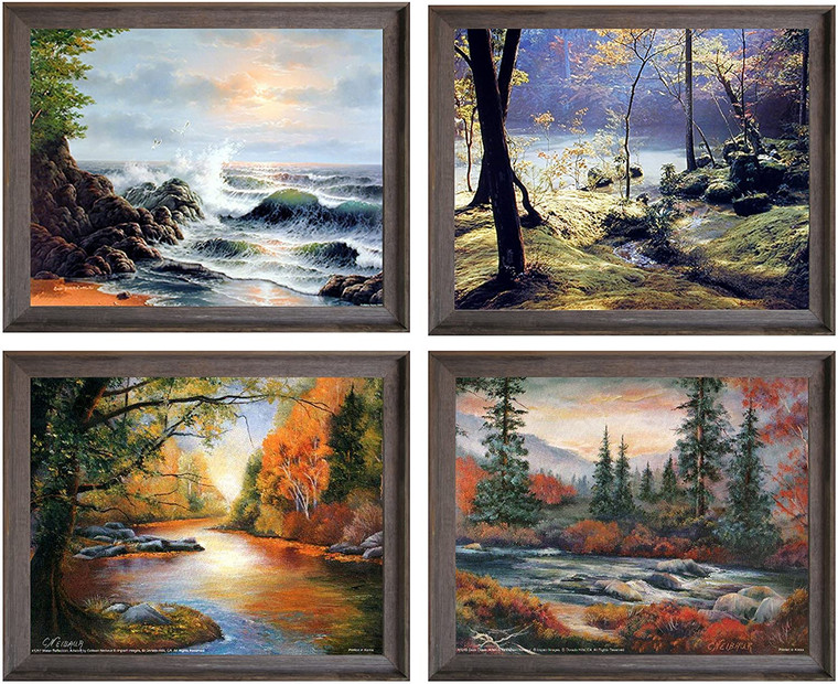  Ocean Crashing Wave Wall Decor Forest Tree Nature Pictures Four Set 8x10 Barnwood Landscape Scenery Art Print Posters