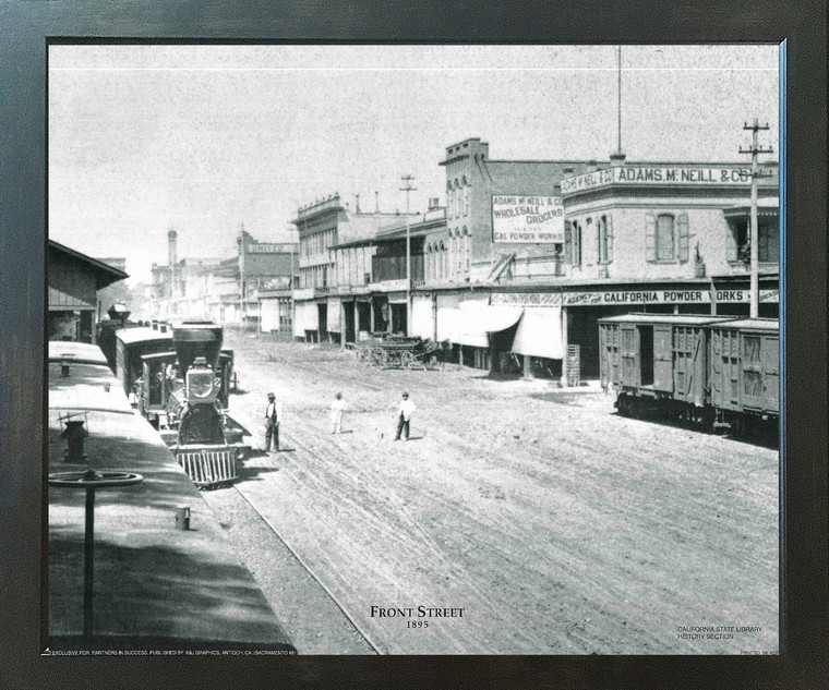 Impact Posters Gallery Vintage Railway Sacramento Front Street 1895 Old City Black and White Espresso Framed Wall Decor Art Print Picture (18x22)