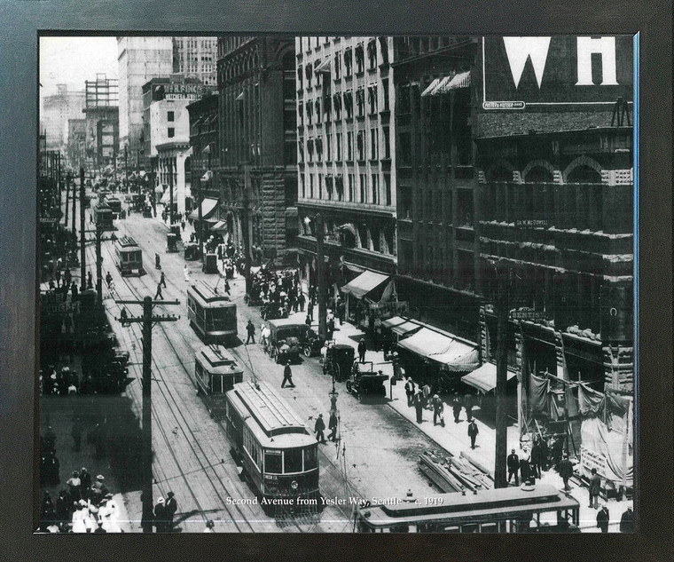 Framed Wall Decor Second Avenue From Yesler Way, Seattle - C. 1919 Vintage Old City Black and White Espresso Art Print Picture (18x22)
