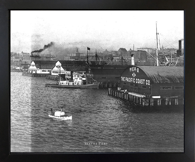 Seattle Piers C. 1920 Vintage Ship Boat Old City Black Framed Wall Decor Art Print Picture (18x22)