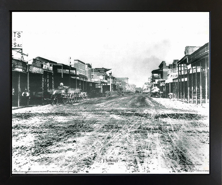 Impact Posters Gallery Sacramento J Street 1890 Vintage Old City Black and White Black Art Print Framed Wall Decor Picture(18x22)