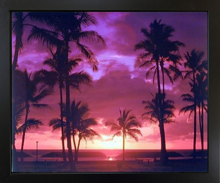 Purple Landscape Poster Wall Decor Tropical Sunset Scenery Black Framed Picture Art Print (18x22)