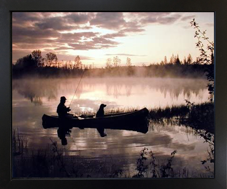 Wall Decoration Fisherman and Dog in Fishing Boat at Sunset River Nature Scenery Black Framed Picture Art Print (18x22)