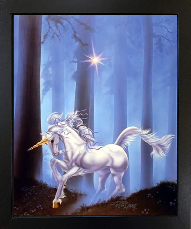 Wall Decoration Mythical Unicorn Forest Path Fantasy Black Framed Art Print (18x22)