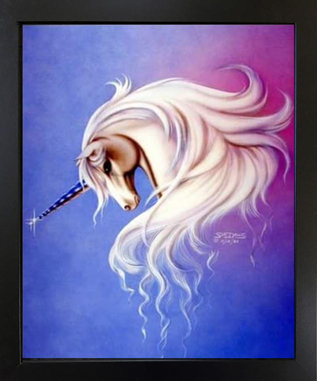 Mythical Lavender Mist Unicorn Sue Dawe Fantasy Wall Decoration Picture Black Framed Art Print (18x22)