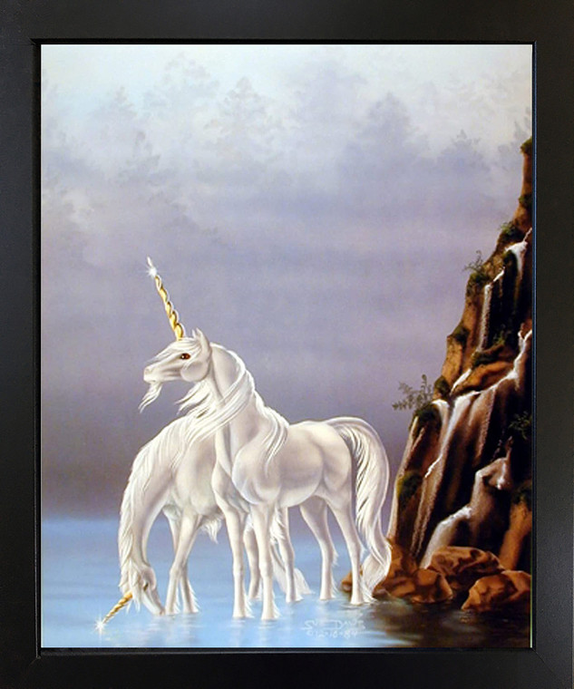 Wall Decor Picture Early Silver Dawn Sci Fi Unicorn Fantasy Horse Black Framed Art Print (18x22)