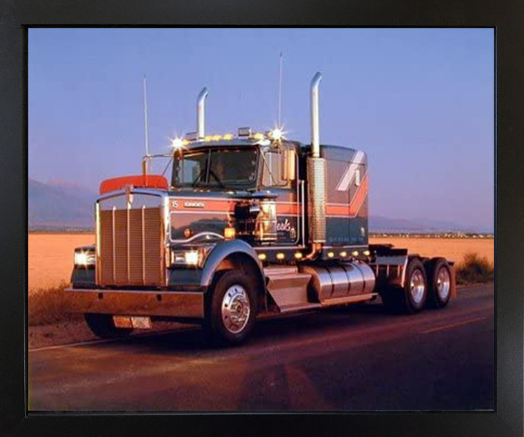 Framed Wall Picture Decor Kenworth At Dusk Diesel Big Rig Truck Black Art Print (18x22)