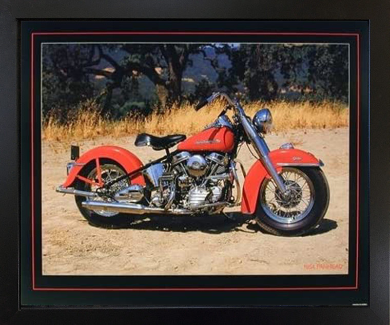 1954 Red Panhead Harley Davidson Vintage Motorcycle Bike Wall Decor Black Framed Art Print Picture (18x22)