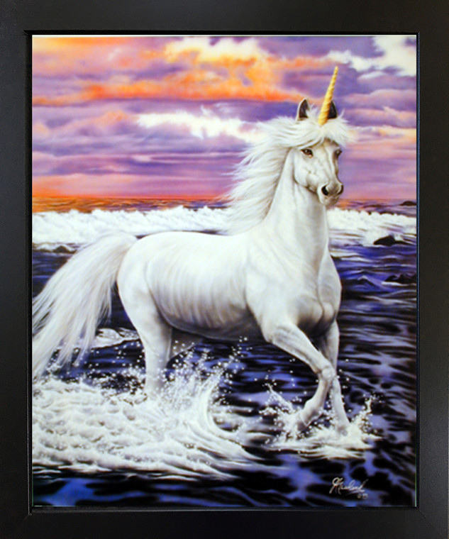 Mythical Unicorn Horse Beach Theme Wall Decor Black Framed Picture Art Print (18x22)