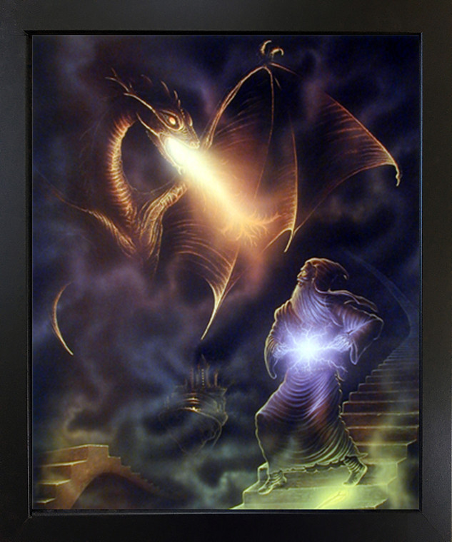Magical Dragon Wizard Fire Fantasy Wall Decor Black Framed Picture Art Print (18x22)