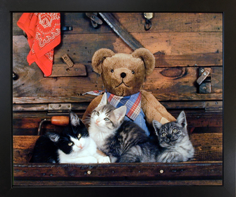 Cute Teddy Bear and Japanese Cats Funny Picture Kids Room Wall Decor Black Framed Art Print Poster (18x22)