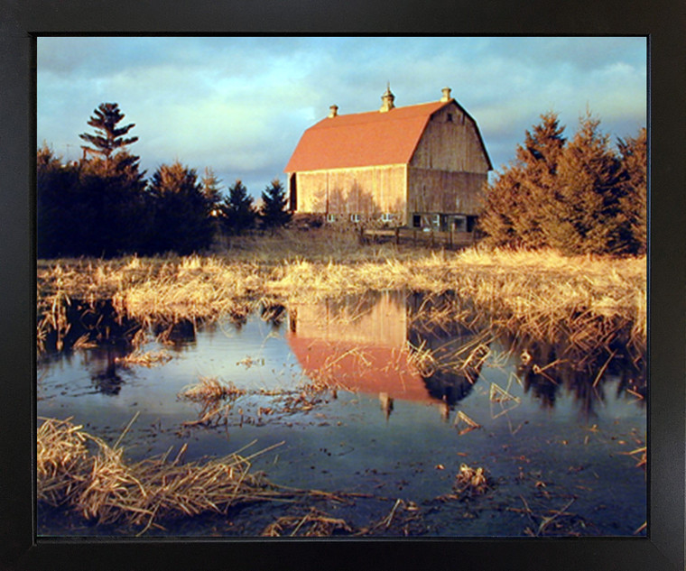 Barn and Field Lake Landscape Scenic Wall Decor Picture Black Framed Art Print (18x22)