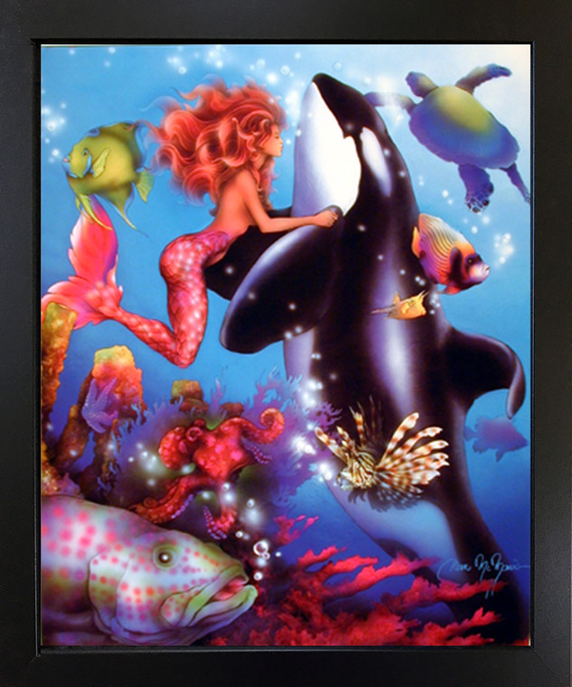 Lady Mermaid & Orca Sci Fi Fantasy Wall Decor Black Framed Picture Art Print (18x22)