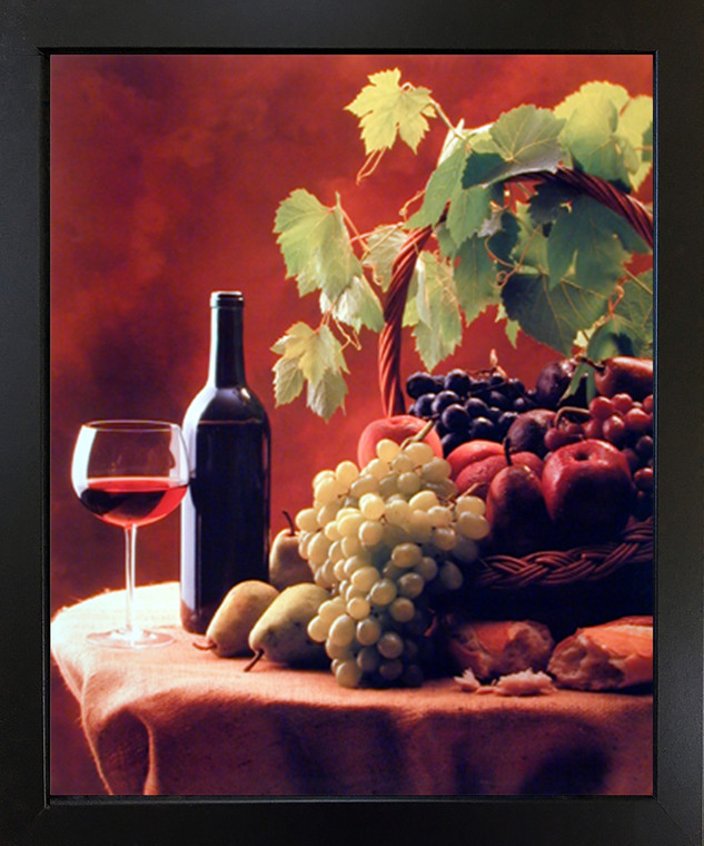 Black Framed Wall Decor Wine & Fruit (Grapes and Apples) Still Life Kitchen Framed Picture Art Print (18x22)