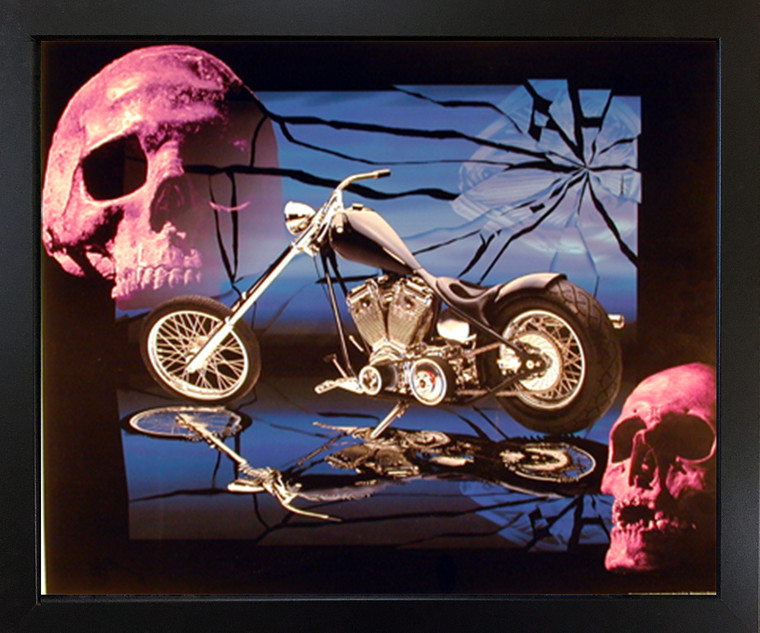 Black Motorcycle Skulls Vintage Black Framed Picture Art Print (18x22)