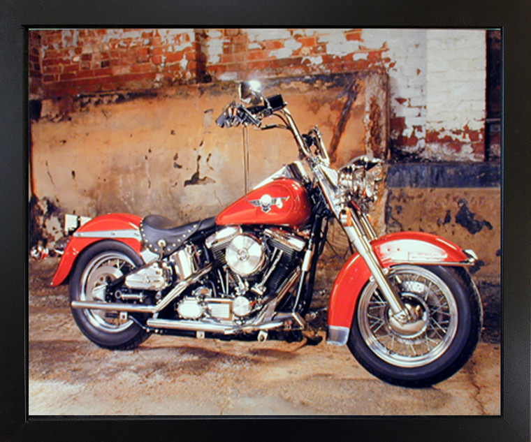 Framed Wall Decor Red Harley Davidson Motorcycle Bike Picture Black Art Print Poster (18x22)