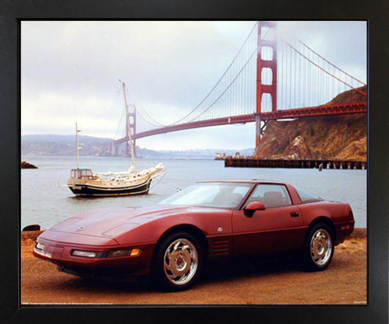 Vintage Corvette Classic Car at San Francisco Golden Gate Bridge Wall Decor Black Framed Picture Art Print(18x22)