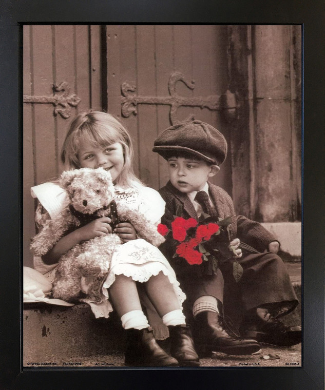 Sunday Best Cute Kids Couple Valentine with Teddy Retro and Roses Black Framed Wall Decor Art Print Picture (18x22)