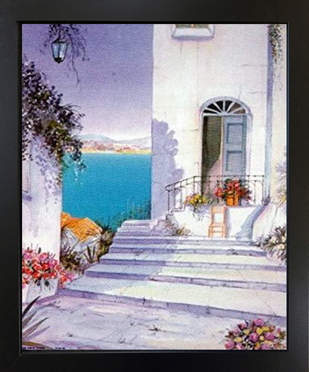 Mediterranean Views Seascape Seaside Black Framed Wall Decor Art Print Picture (18x22)