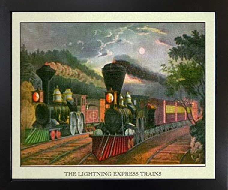 The Lightning Express Train American Railroad Scene Brownrust Black Framed Wall Decor Art Print Picture (18x22)