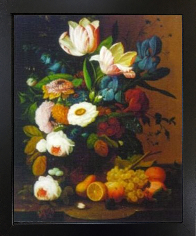 Bunch of Colorful Flowers with Fruits Still Life Wall Decor Black Framed Art Print Picture (18x22)