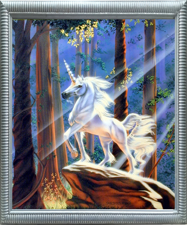 Impact Posters Gallery Unicorn Horse Picture Framed Light in The Forest Fantasy Sue Dawe Wall Decoration Silver Art Print (18x22)