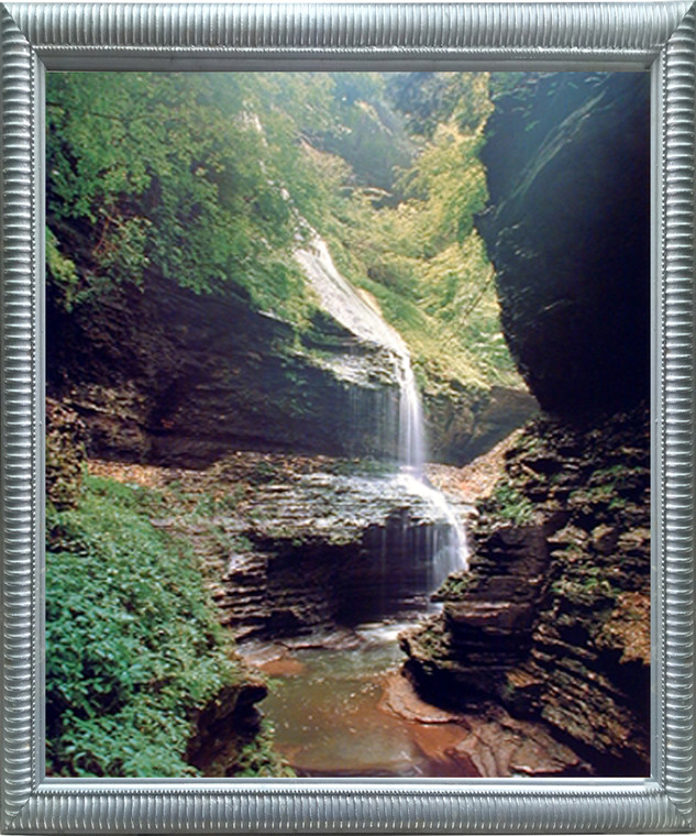Scenic Art Print Framed Wall Decoration Watkins Glen New York Waterfall Nature Woods Silver Picture (18x22)