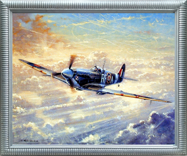 Framed Wall Decoration Aviation Framed Poster - Spitfire Airplane Painting Military Silver Picture Art Print (20x24)