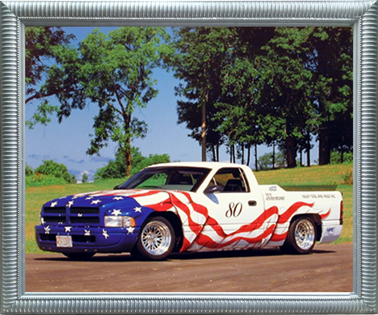 American Flag Dodge Harley Vintage Pickup Truck Wall Decor Silver Framed Picture Art Print (18x22)