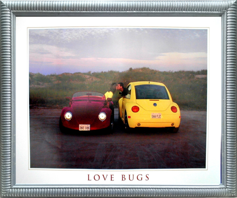 Impact Posters Gallery Volkswagen Love Bug Classic Car Cute Couple Wall Silver Framed Art Print Picture (20x24)