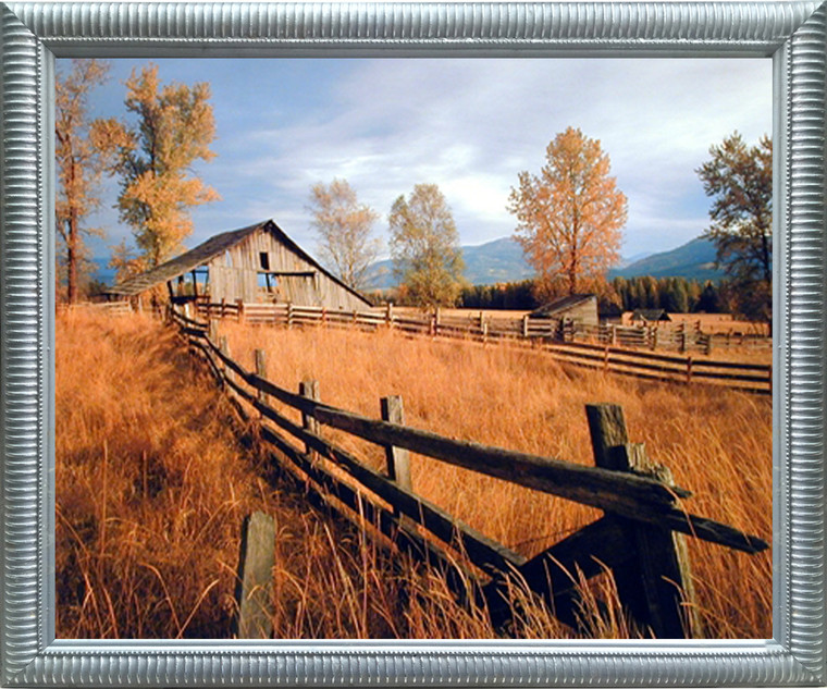 Impact Posters Gallery Old Wood Barn with Fence Fall Trees Scenery Silver Art Print Framed Wall Decoration (20x24)