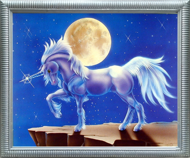 Fantasy Horse Framed Wall Decoration Art Print Mythical Crystal Horn (Full Moon) Unicorn Sue Dawe Silver Picture (20x24)