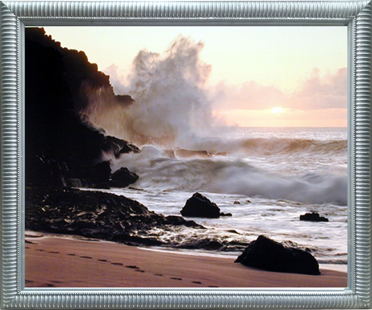 Impact Posters Gallery Coastal Sunset Ocean Waves Crashing on Rocky Cliffs Wall Decor Silver Framed Picture Art Print (20x24)