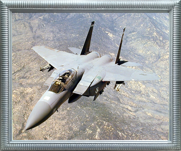 F-15E Dual Role Strike Framed Picture Eagle Military Jet Poster Aircraft Aviation Wall Decor Silver Art Print (20x24)