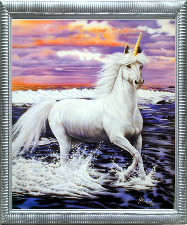 Impact Posters Gallery Mythical Fantasy Unicorn Horse Beach Theme Wall Decor Silver Framed Picture Art Print